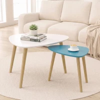 HOMCOM Lot de 2 tables basses gigognes design scandinave pieds en bois et plateau en bois, blanc et bleu(m-14)