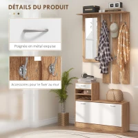 HOMCOM Meuble d'entrée vestiaire avec panneau porte-manteau, miroir et banc à chaussures - 6 crochets et étagère réglable(m-5)