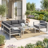 Outsunny Five-Piece Aluminium Garden Sofa Set, with Glass-Top Table - Grey(m-9)