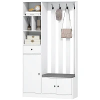 HOMCOM Meuble d'entrée 4 en 1, vestiaire d'entrée avec banc de rangement, étagère réglable, 4 crochets, 100x30x180cm, blanc(m-12)