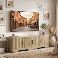 HOMCOM TV-Lowboard 152 cm, TV-Möbel für Fernseher bis 152,4 cm, 4 gerillte Türen und verstellbare Einlegeböden, Eiche(m-2)