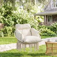 Outsunny Poltrona Sospesa in Stile Boho con Cuscino, in Acciaio, Cotone e Poliestere, 80x60x40 cm, Bianco Crema(m-2)