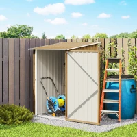Outsunny 3.3 x 3.4ft Lean To Steel Garden Shed with Locking Door - Light Brown Wood Effect/White(m-8)