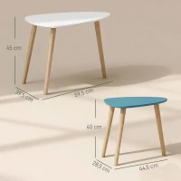 HOMCOM Lot de 2 tables basses gigognes design scandinave pieds en bois et plateau en bois, blanc et bleu(m-3)