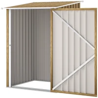 Outsunny 3.3 x 3.4ft Lean To Steel Garden Shed with Locking Door - Light Brown Wood Effect/White(m-10)