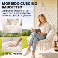 Outsunny Poltrona Sospesa in Stile Boho con Cuscino, in Acciaio, Cotone e Poliestere, 80x60x40 cm, Bianco Crema(m-4)