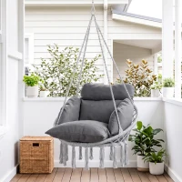 Outsunny Hanging Chair Outdoor Hammock Chair with Soft Cushion, Cotton Rope Boho Style Swing Chair, Hanging Garden Swing Seat for Indoor Outdoor, Dark Grey(m-9)