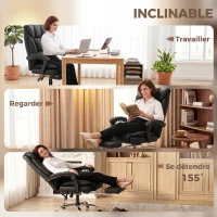HOMCOM Chaise de bureau ergonomique, fauteuil de bureau inclinable avec repose-pieds, hauteur réglable, pivotante 360°, noir(m-4)