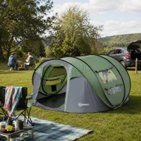 Outsunny 4 Person Pop-up Camping Tent, Family Dome Tent with Ground Sheet, 4 Windows and Portable Carry Bag for Beach Outdoor Trip, Dark Green(m-2)