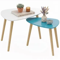 HOMCOM Lot de 2 tables basses gigognes design scandinave pieds en bois et plateau en bois, blanc et bleu(m-15)
