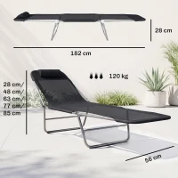Outsunny Folding Sun Lounger, Texteline Reclining Sun Bed with 5 Position Adjustable Backrest, Headrest, Black(m-3)