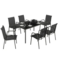 Outsunny Salon de Jardin 6 Personnes Ensemble Table et Chaises Jardin avec Chaises Empilables en Textilène 70x51x87cm Noir(m-12)