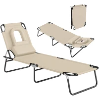 Outsunny Folding Sun Lounger with Face Hole, 4-Position Adjustable Backrest Garden Recliner Chair Sunbed, Outdoor Lounge Chair with 600 D Oxford Cloth Seat, Pillow for Beach, Beige(m-1)