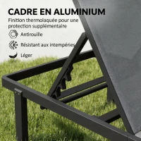 Outsunny Bain de Soleil Transat de Jardin avec Roulettes Inclinable à Plat 4 Positions et Textilène 530g/m² Gris Foncé(m-5)