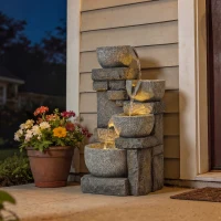 Outsunny Fontaine de Jardin Cascade 4 Niveaux Décoration Effet Pierre et Brique avec Éclairage LED 28 x 25 x 54,5 cm Gris(m-9)