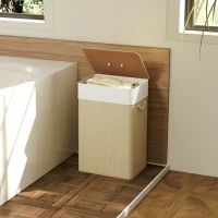 HOMCOM Panier à linge en bambou avec couvercle 72 L Collecteur à linge avec poignées en bambou, sac à linge amovible naturel(m-4)