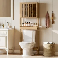 HOMCOM WC-Regal Badezimmerschrank über Toilette WC mit 2-türigem Schrank und offenem Fach Bambus(m-2)