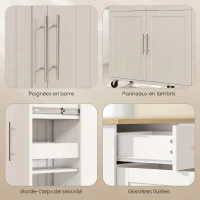 HOMCOM Îlot Central Cuisine avec Plateau Rabattable, Roulettes, 2 Tiroirs, Portes à Fermeture Douce, Porte-Serviettes, Blanc(m-9)