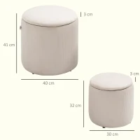 HOMCOM Set di 2 Pouf Contenitore Salvaspazio Rotondi e Imbottiti in Velluto a Coste, Bianco(m-3)