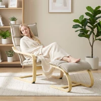 HOMCOM Fotoliu de salon cu taburet, fotoliu suplimentar cu aspect de in, șezut lat, spătar înalt, balansare ușoară, bej(m-5)