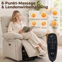 HOMCOM Elektrischer Aufstehsessel mit Massage & Wärme, Relaxsessel aus Chenille mit hochdichtem Schaumstoff und dicker Rückenlehne, Cremeweiß(m-4)