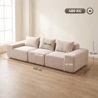 HOMCOM Sofá 3 Lugares em Chenille 320 cm, Sofá Modular, Assento e Apoios de Braço Extra-Largos, Totalmente Comprimido, Bege(m-3)