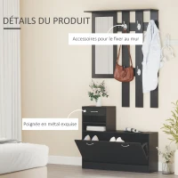 HOMCOM Ensembles 3 en 1 de meuble d'entrée vestiaire avec panneau porte-manteau, miroir et banc à chaussures noir(m-5)