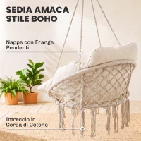 Outsunny Poltrona Sospesa in Stile Boho con Cuscino, in Acciaio, Cotone e Poliestere, 80x60x40 cm, Bianco Crema(m-5)