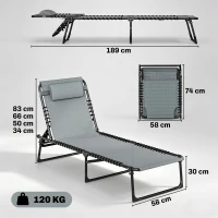 Outsunny Bain de Soleil transat Pliable Dossier inclinable Multi-Positions Acier thermoplastique Lacets élastiques Noir textilène Gris(m-3)