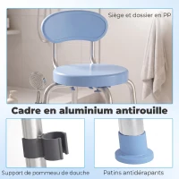 HOMCOM Tabouret de Douche Ronde Pivotant 360°, Hauteur Réglable, Dossier, Pieds Antidérapants, 38,5x37,5x75cm, Bleu Clair(m-7)