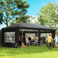 Outsunny Pavillon ca. 3x6m Wasserdicht Pop-up Faltpavillon mit 4 Seitenwänden, Fenster UV-Schutz Tragetasche Schwarz(m-2)
