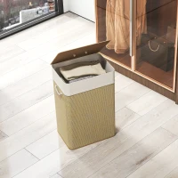 HOMCOM Panier à linge en bambou avec couvercle 72 L Collecteur à linge avec poignées en bambou, sac à linge amovible naturel(m-5)
