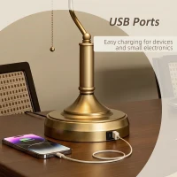 HOMCOM Desk Lamp with USB Ports, Banker's Table Lamp Desk Lamp with Vintage Bronze Tone Base and Pull Rope Switch, Green(m-6)