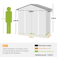Outsunny Abri de jardin en métal grand espace de rangement extérieur avec portes coulissantes 194 x 107 x 191 cm gris foncé(m-3)