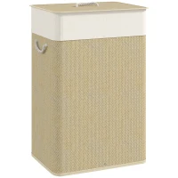 HOMCOM Panier à linge en bambou avec couvercle 72 L Collecteur à linge avec poignées en bambou, sac à linge amovible naturel(m-1)