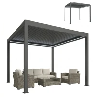 Outsunny 3 x 3(m) Electric Louvered Pergola with LED Lights, Aluminium Pergola Hardtop Gazebo with Remote, Adjustable Roof and Drainage System, Water and UV Proof(m-25)