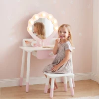 AIYAPLAY Kids Vanity Set, Kids Dressing Table with Chair, Acrylic Mirror, Lighted Bulbs, 7-Piece Accessories, for 3-8 Years, Pink(m-8)