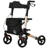 HOMCOM Déambulateur 4 Roues Pliable en Aluminium, Hauteur Réglable 6 Positions, Freins Doubles, Rangement, 64x67x92cm, Doré(m-12)