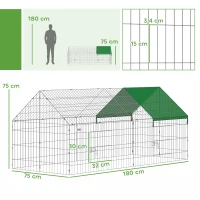 PawHut Parc Enclos Cage Lapin Extérieur avec Portes Verrouillables et Protection Pare-Soleil Toit, Acier, 180x75x75 cm, Vert(m-3)