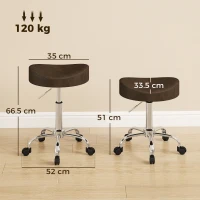 HOMCOM Taburet pe roți, taburet pentru salon cu înălțime reglabilă 51-66 cm și șezut căptușit, rotativ 360°, maro(m-3)