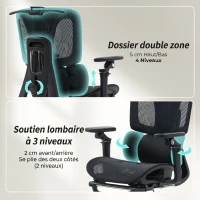 HOMCOM Chaise Bureau Ergonomique avec Accoudoirs 6D, Appui-Tête et Profondeur d'Assise Réglables, 67 x 71 x 133 cm, Noir(m-5)