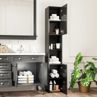 Kleankin Móvel Coluna para Banheiro 2 Armários com Prateleiras Ajustáveis 2 Nichos 30x30x181,5 cm Preto(m-5)