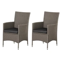 Outsunny 2 Pieces Outdoor PE Rattan Dining Chairs Set with Cushion, Garden Armchair with Armrests, High Backrest, Metal Frame Patio Wicker Furniture, Grey(m-1)