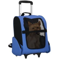 PawHut Sac de transport à roulettes pour chien 2 en 1 trolley chariot sac à dos pour chien chat avec poignée téléscopique, sacs de rangement, aérations, attache de sécurité, 42 x 25 x 55 cm, bleu(m-12)