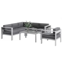 Outsunny Five-Piece Aluminium Garden Sofa Set, with Glass-Top Table - Grey(m-12)
