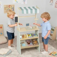 AIYAPLAY Wooden Toy Shop, Wooden Market Stall with Cash Register, Blackboard and Toy Food, 4 Storage Boxes, Ages 3+, Green(m-2)