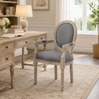 HOMCOM Chaise de Salle à Manger Chaise de Salon médaillon Style Louis XVI Bois Massif patiné sculpté Tissu Lin Gris(m-9)