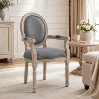 HOMCOM Chaise de Salle à Manger Chaise de Salon médaillon Style Louis XVI Bois Massif patiné sculpté Tissu Lin Gris(m-8)