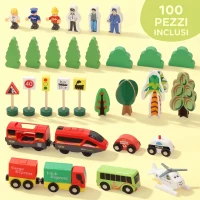 AIYAPLAY Set Ferroviario in Legno, 100 Pezzi per Bambini 3+ Anni con Gru Magnetica, Treni, Ponte, Elicottero(m-5)