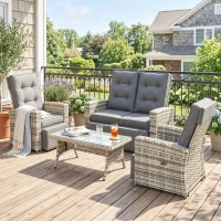Outsunny 4 Piece Rattan Garden Furniture Set Outdoor Sofa Sectional Set with Glass Top Table for Poolside, Light Grey(m-10)